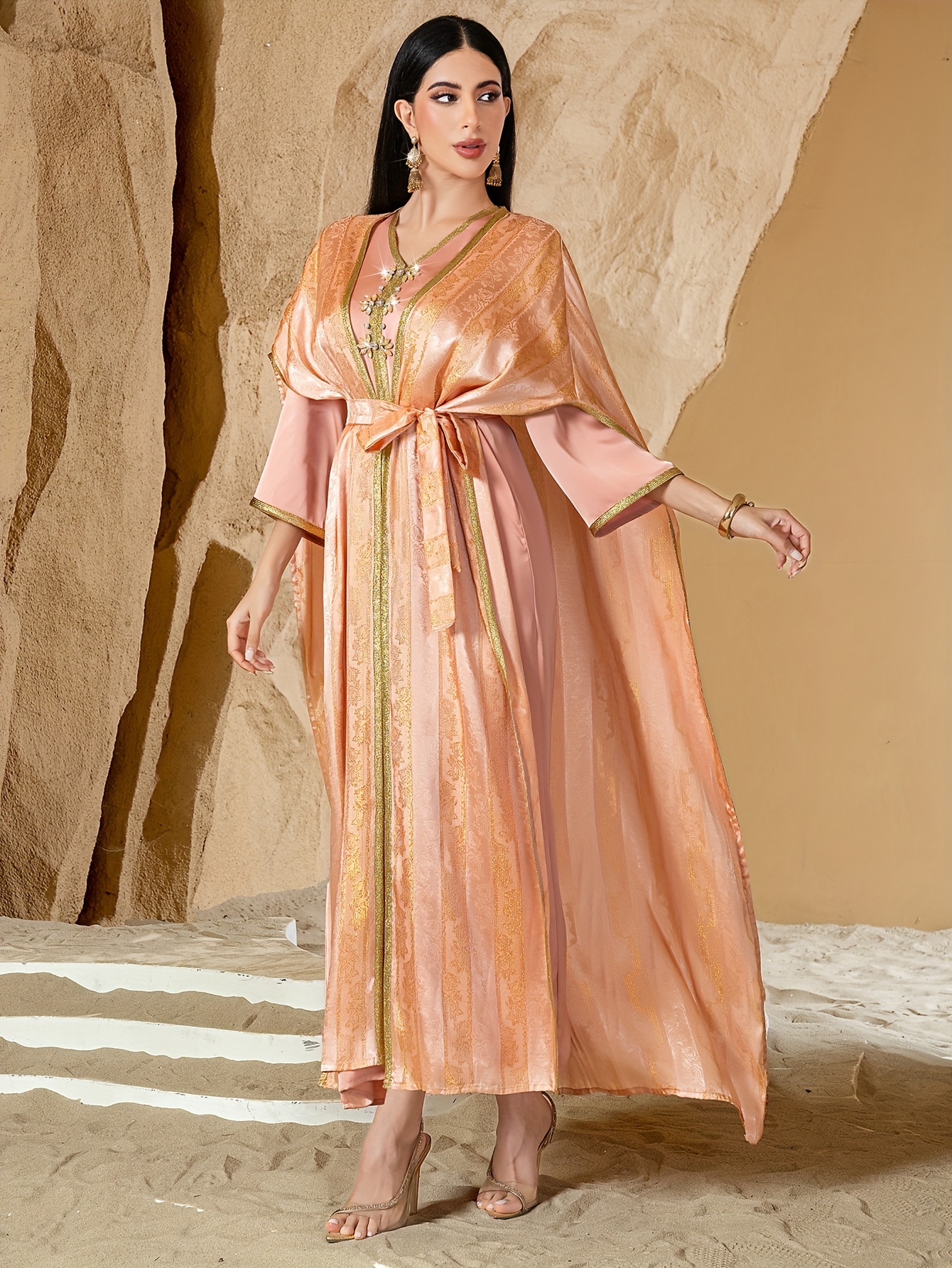 Elegant Middle Eastern-Inspired Women's Dress with * Embellishments &  Striped Fabric - V-Neck Long Sleeve Flowy Traditional Attire for *