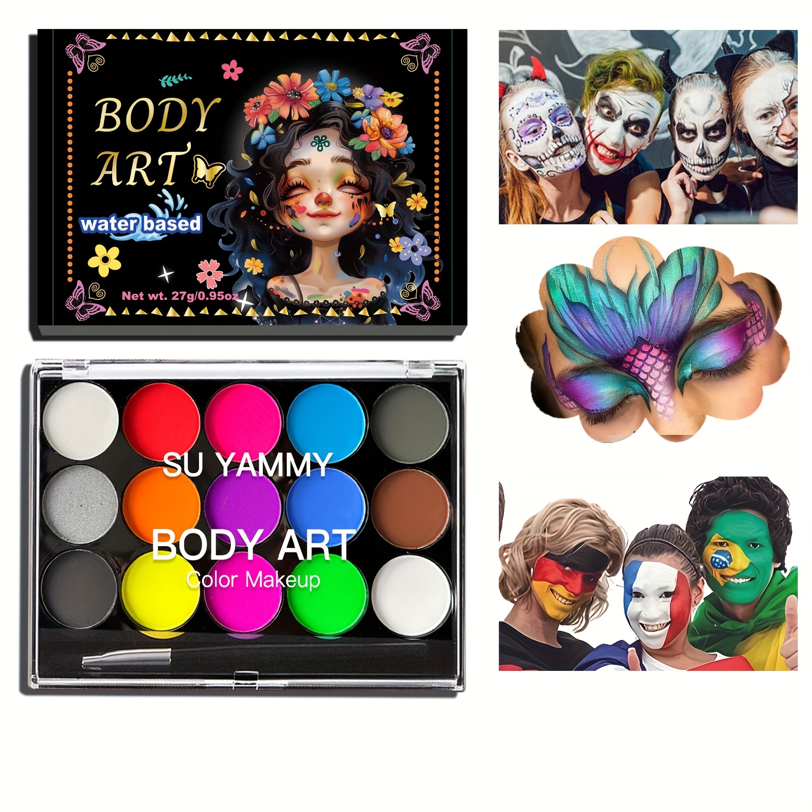 

Su Yammy Body Paint Palette - Water-based Makeup Color Kit, 15 Vibrant And Pearlescent Colors, Safe & Non-toxic Face And Body Art For Halloween, Cosplay, Parties, Theater And Stage Performance
