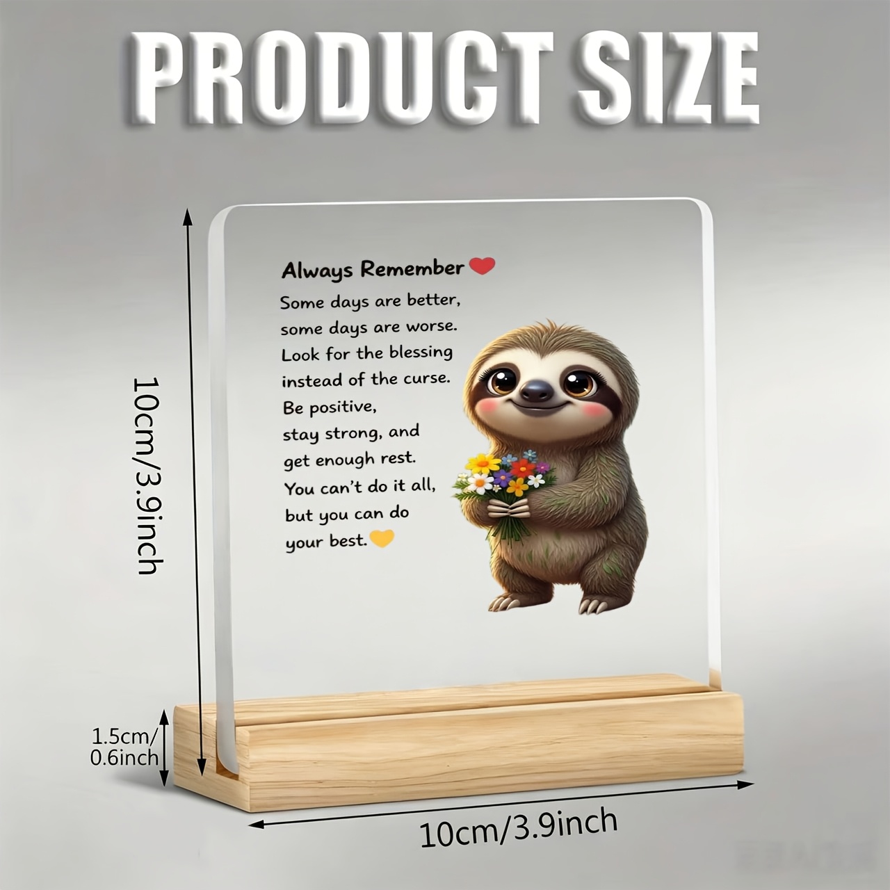 TEMU 1pc Cute Sloth Holding Bouquet Decoration With Inspirational Slogan, Acrylic Ornament With Wooden Base, Paperweight, Office Desk Decoration,