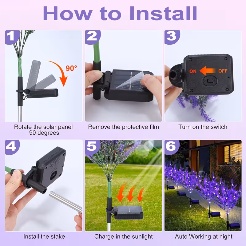 6 buc. lămpi solare cu flori de lavandă | lumini led florale artificiale pentru grădinii exterioare, semi-încastrată, abajur pvc, baterie reîncărcabilă cu Detaliile articolului 3