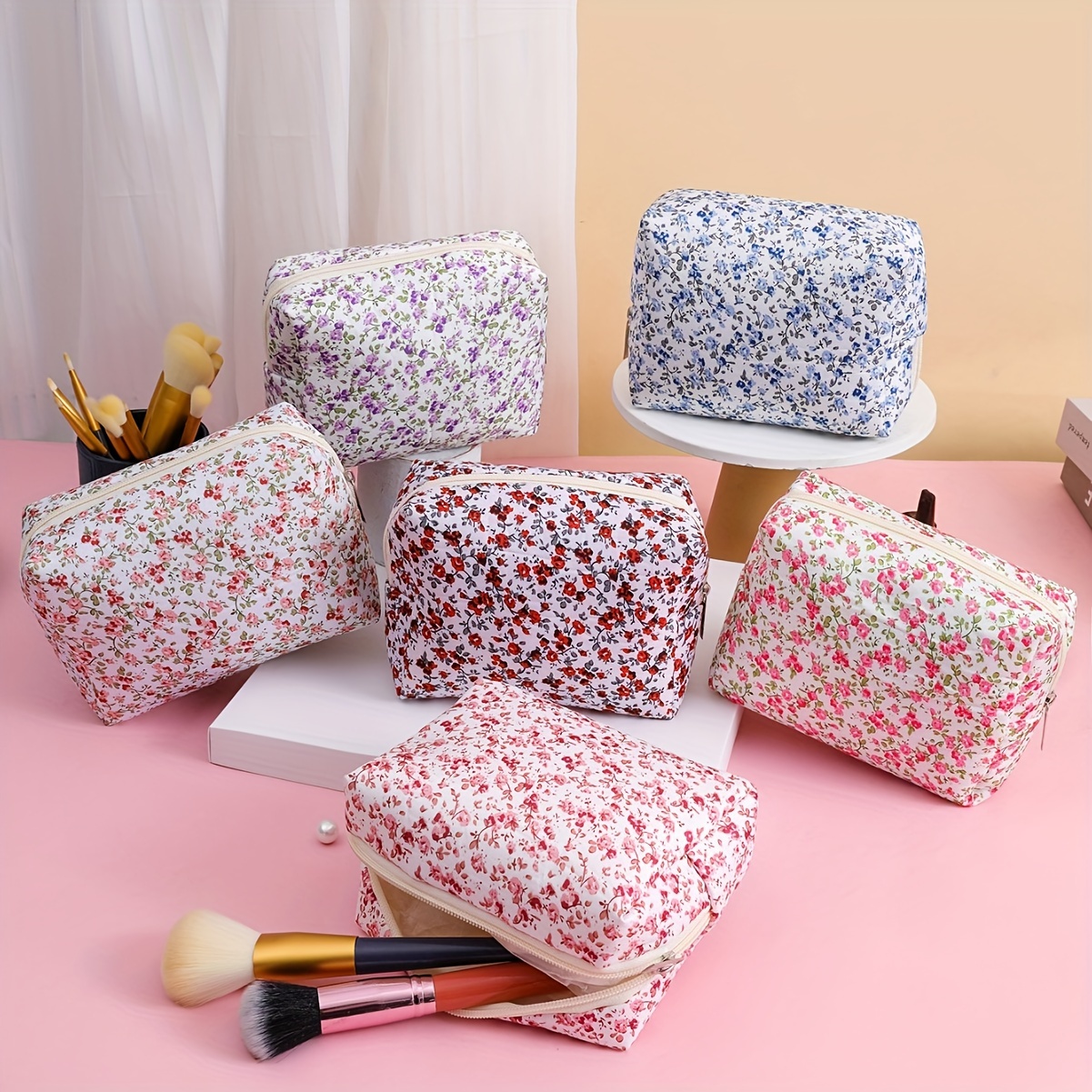 

All Over Aesthetic Flower Pattern Zipper Makeup Pouch, Lightweight Versatile Cosmetic Bag For Women's Outdoor Trip