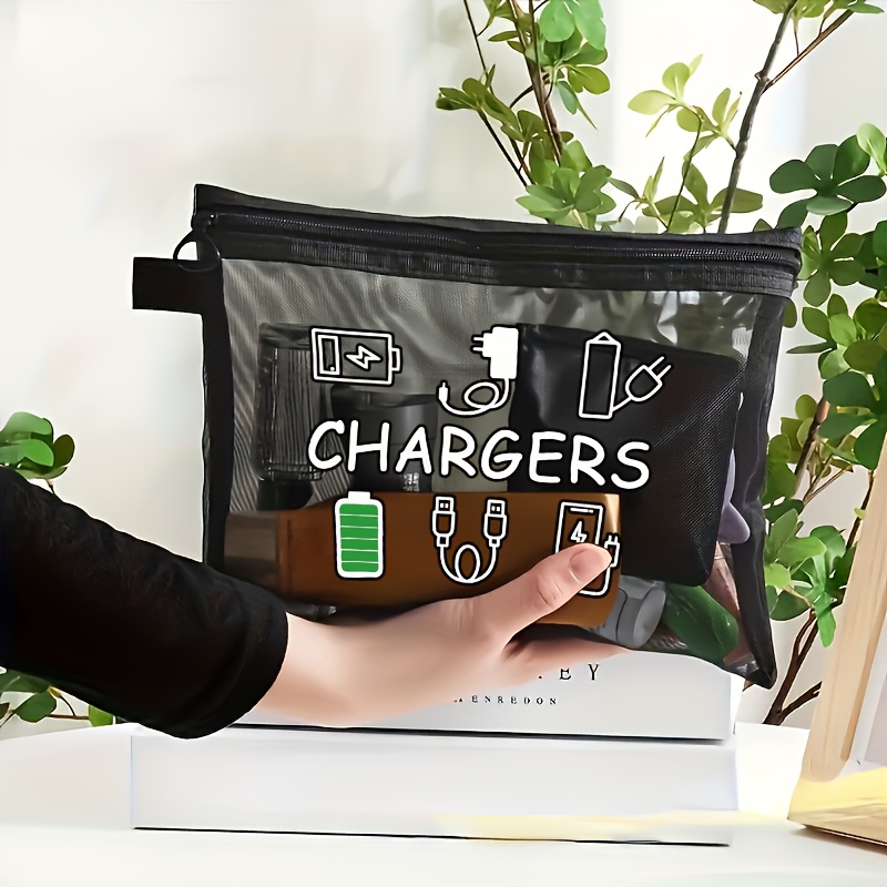 Charger Print Mesh Makeup Bag, Travel Cable Storage Pouch For Electronics & Accessories, Unisex Nylon Zipper Organizer For Toiletries, School Supplies, Holiday & Back-to-school Essentials