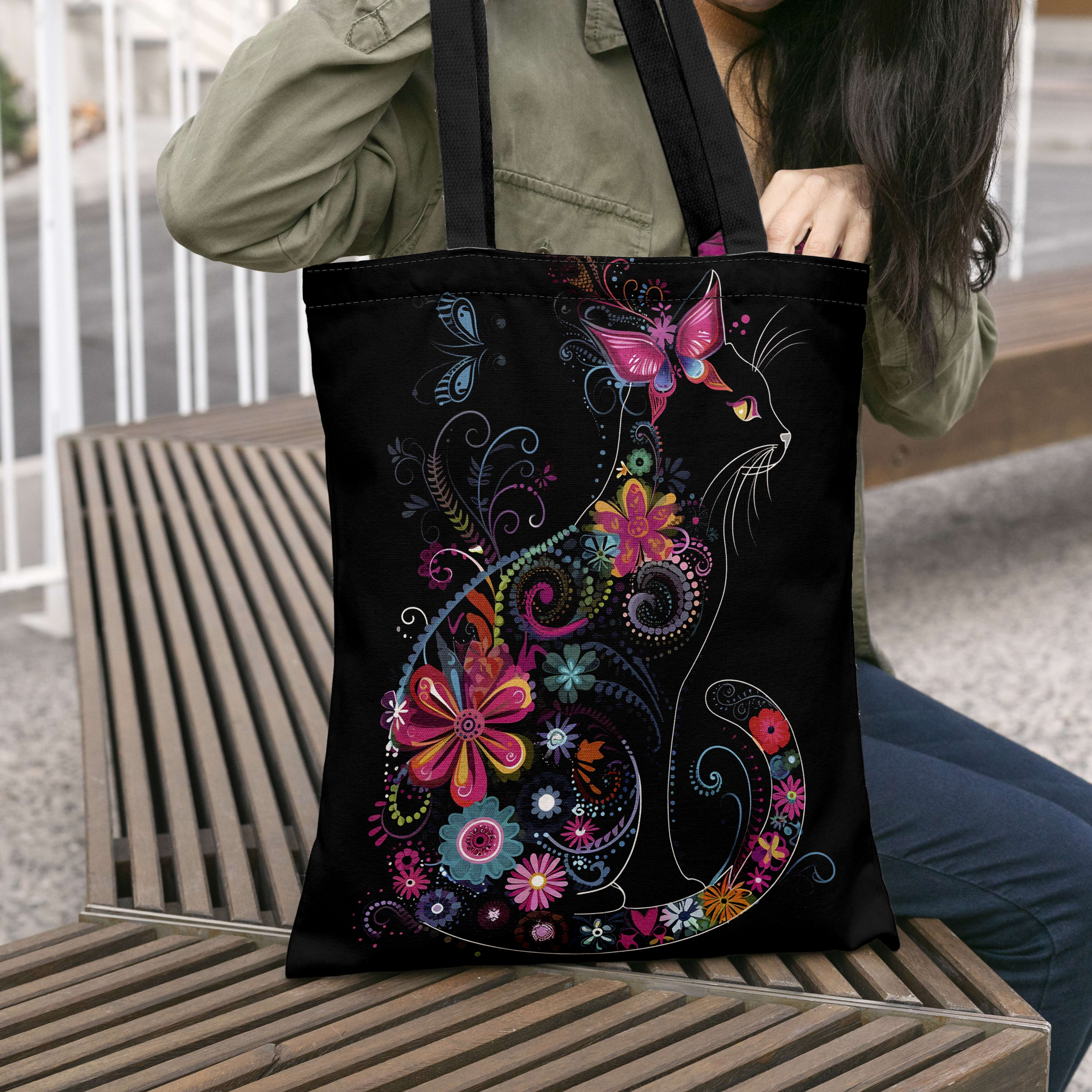 E-shop Ägyptische Retro Blumen Herz Katze Hauptbild, Herz Katze Muster, Große Canvas Tasche, eine Wahl für Valentinstagsgeschenke, Shopping und den