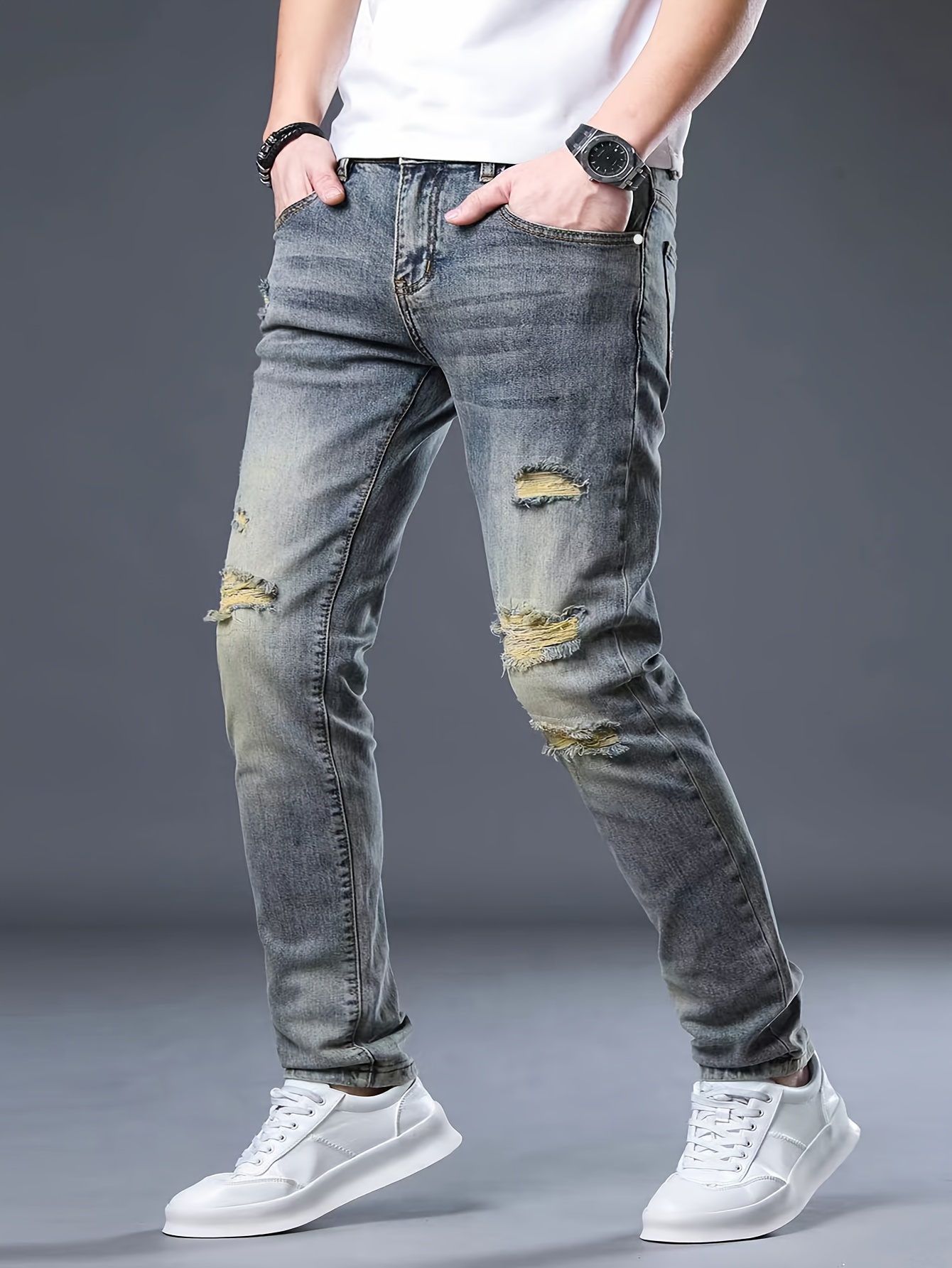 Heren Stretch Gescheurde Jeans - Slim Fit, Verontruste Denim Broeken met Knoopsluiting voor Alle Seizoenen 3