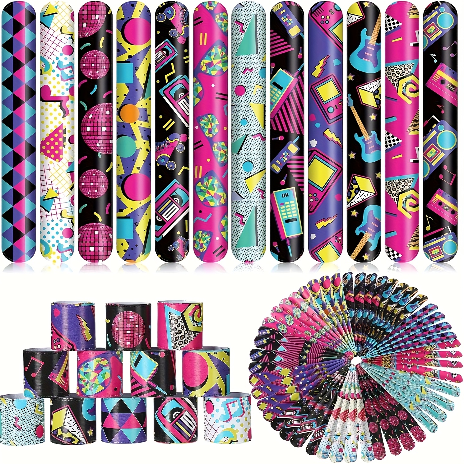 Image of Gift For Her/him 48pcs Of Slap Bracelets For An 80s And 90s Themed Party, Perfect For Decorations And Prizes For Kids And Adults Christmas, Halloween