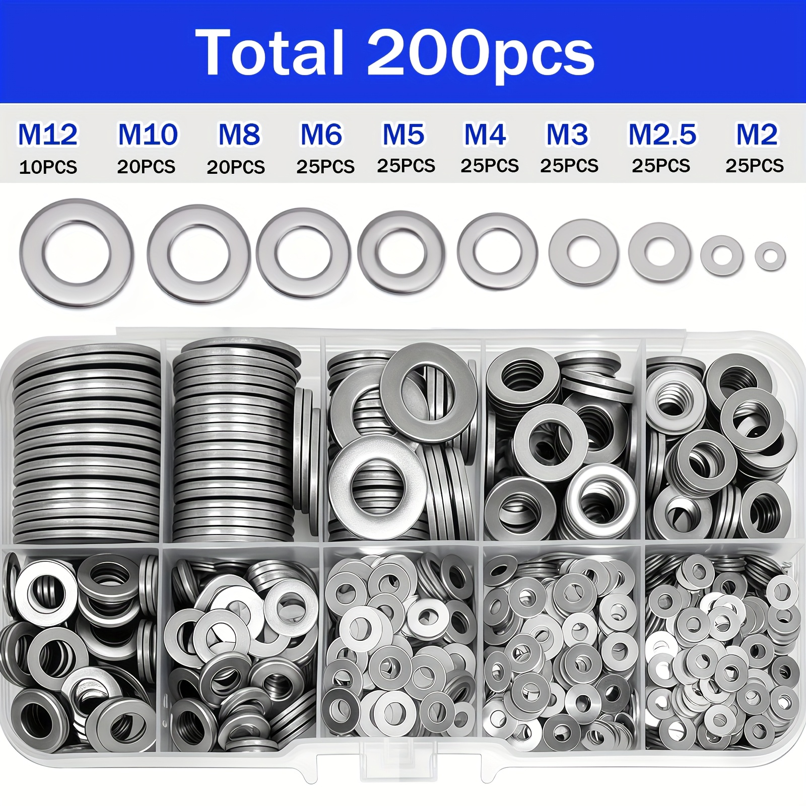 TEMU 200pcs 304 Stainless Steel Gasket Set, Durable Material, Polished End, O-ring Fastener Gasket Set, With Box, Contains 9 Sizes (m2-m12), Suitable