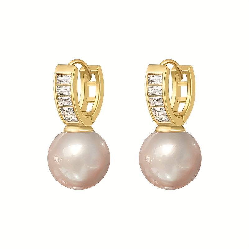 TEMU Elegant Pink Pearl Hoop Earrings Cubic Zirconia Accents & Parties Earrings