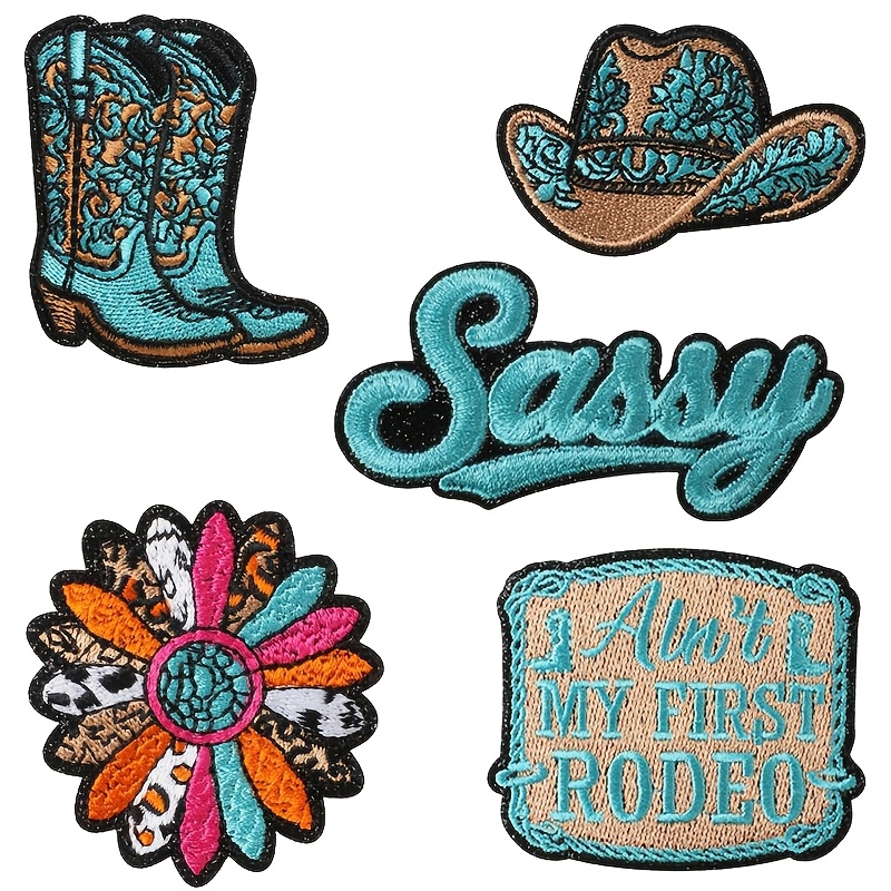 TEMU 5pcs Western Cowboy Style Embroidered Iron-on Patches Set, Teal Riding Boots, Cowboy Hat, Sassy Slogan, Leopard Print, Floral Fabric Patches,