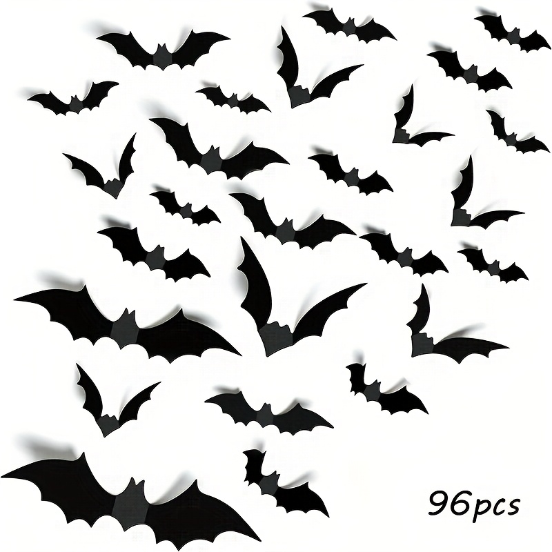 Image of 96pcs Realistic Bat Wall Decals Compatible For Halloween - Bat Stickers With Glitter, Black Plastic Bat Decorations Suitable For Spooky Home, Party & Wall - , No Residue (96pcs)
