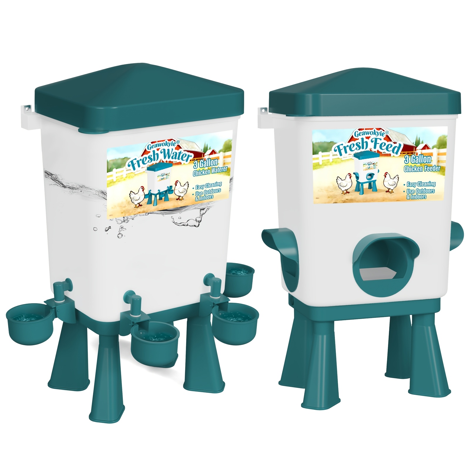 Image of Geawokyie Chicken Feeder And Waterer Set, Automatic Poultry Feeder With 3 Ports, Large Capacity Chicken Waterer With 4 Cups, Chicken Coop Additions, 3 Gallons, Blue