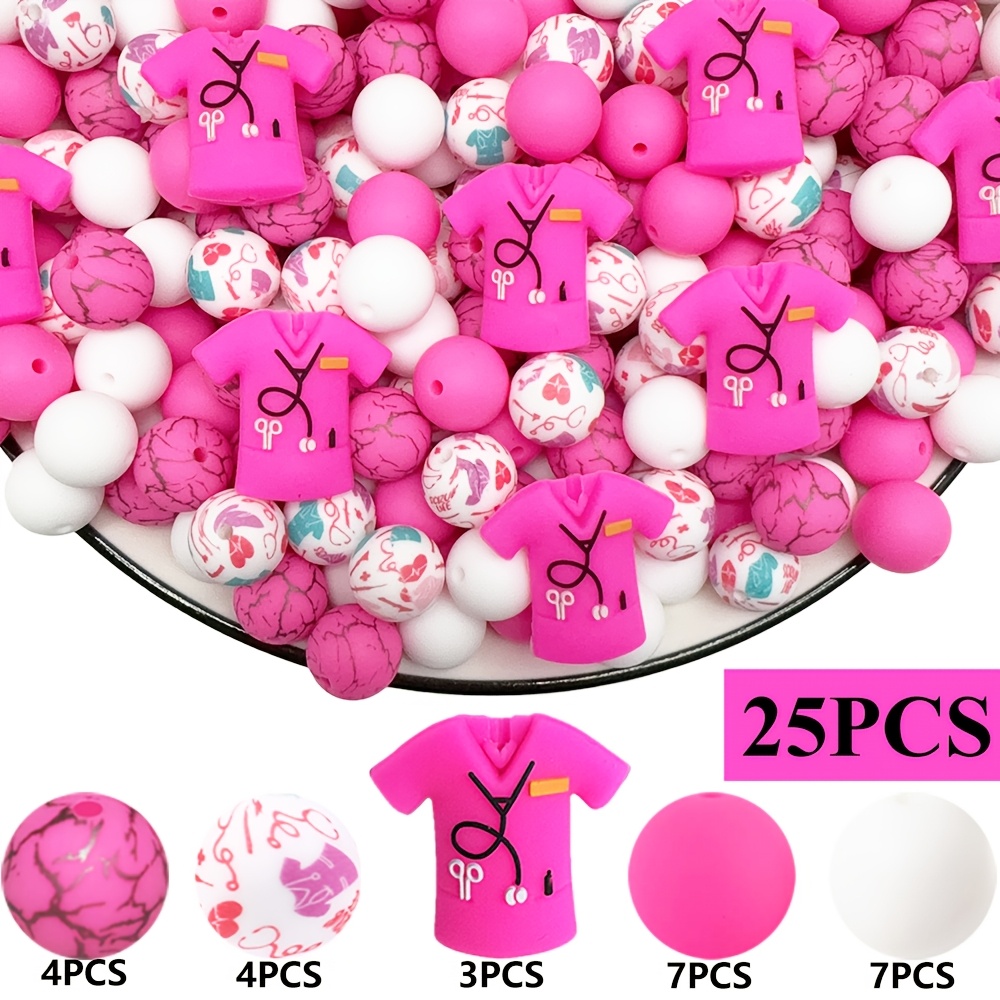 TEMU 25pcs Multicolor (green, Rose Red, Pink, White, Blue) Nurse Series Silicone Beads - Silicone Beads, Printed Round Beads, , Jewelry Making Beads,