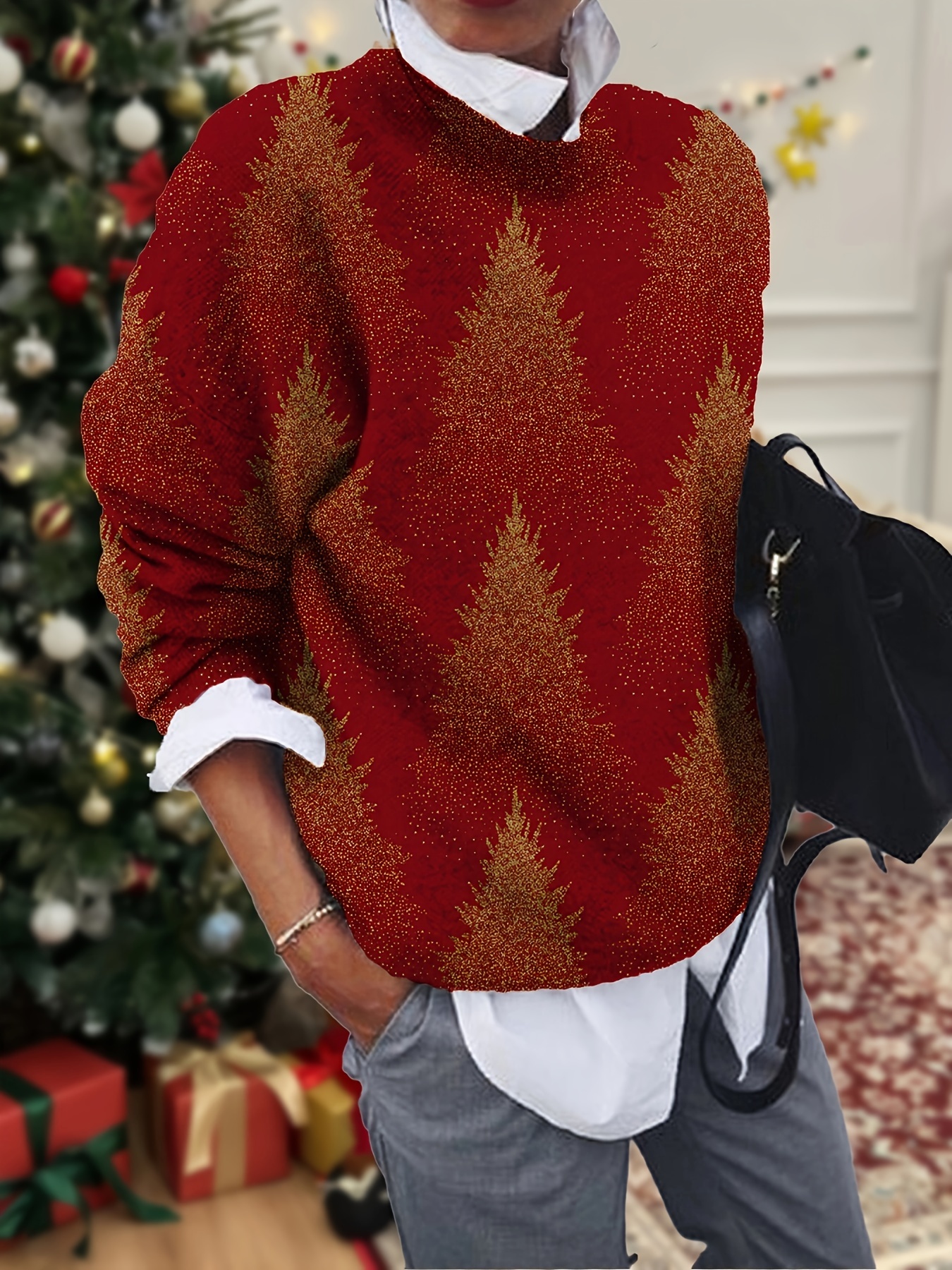 Plus Size Christmas Tree Pattern Knit Sweater, Casual Long Sleeve Crew Neck  Pullover Top For Fall Winter, Women's Plus Size Clothing