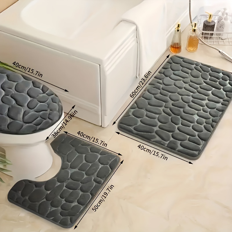 

3-piece Coral Fleece Bath Mat Set, Soft Absorbent Non-slip Bathroom Rugs With Pvc Backing, Machine Washable, Solid Pebble Design, Low Pile Flat Woven Polyester Bath Rug Set (400g/㎡)