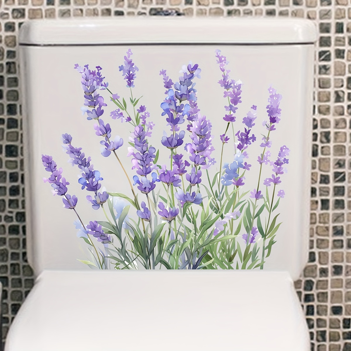 

Lavender Floral Toilet Lid Decal, 1pc, Polyvinyl Chloride, Self-adhesive Ceramic Surface Applique, Glossy Finish Adornment With Single Use Convenience