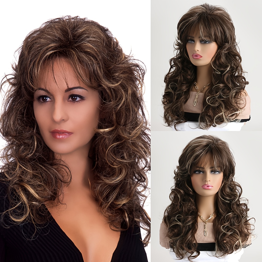 TEMU 20" Elegant Brown & Light Golden Highlights Long Curly Wig With Air Bangs - Heat-resistant Synthetic Fiber, , Ideal For Daily Use &
