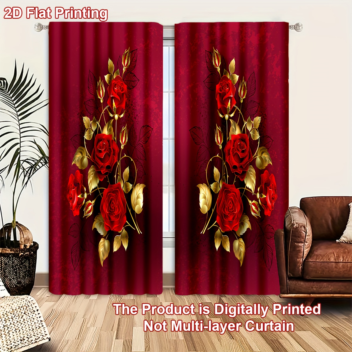 TEMU 2d Flat, 2pcs/ Set 2d Flat Printing Curtain Christmas Decoration Curtain Exquisite Rose Patterned Decorative Curtains, Comfortable Bedroom