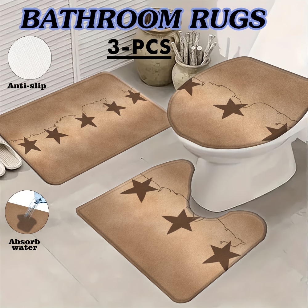 

3-piece Rustic Star Bathroom Rug Set - Non-slip, Absorbent, Polyester Bath Mats - Machine Washable Toilet Floor Cover, U-shaped & Seat Cushion Set - Home Decor Essentials