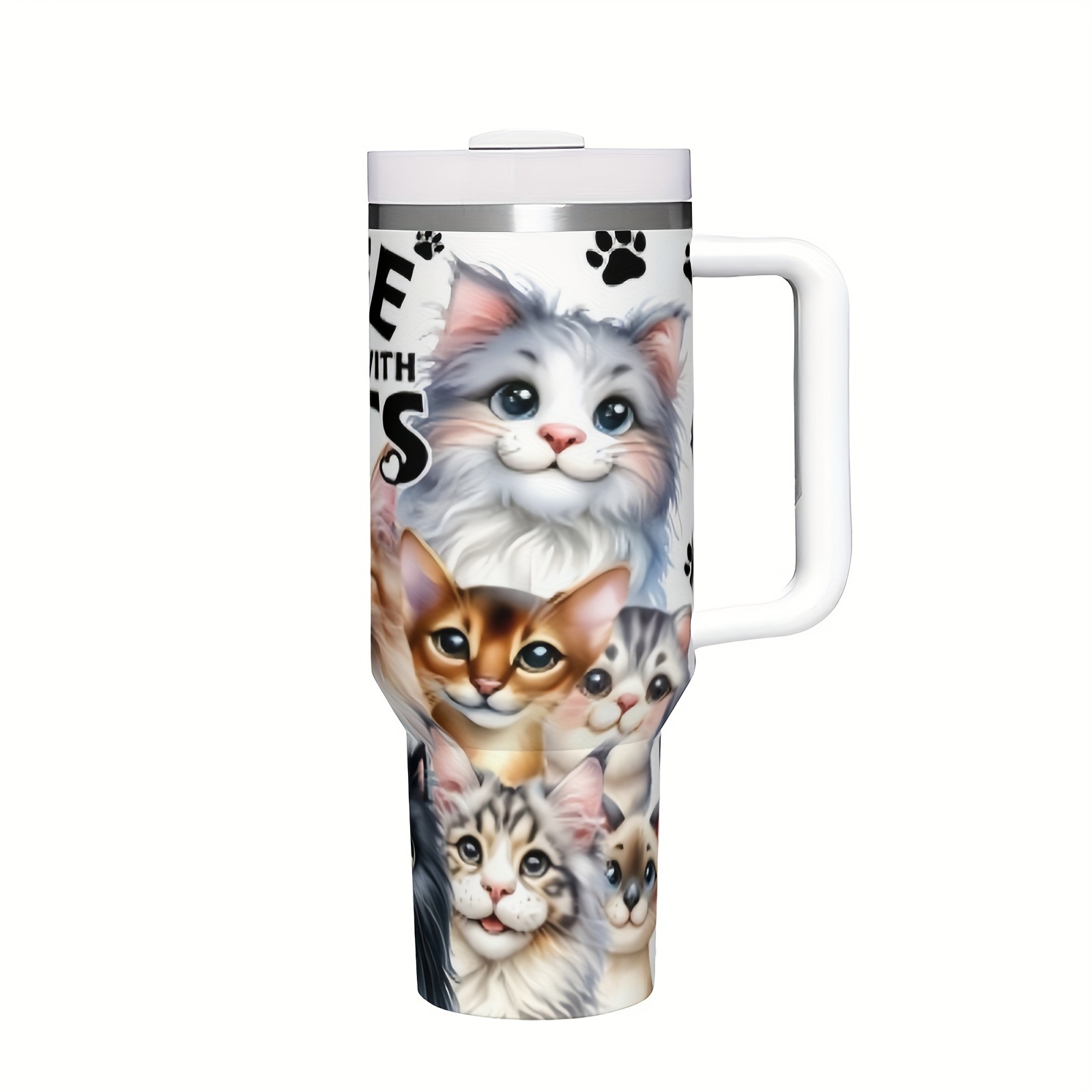 

With Cats" 40oz Stainless Steel - Insulated Travel Mug With Lid & Handle, Reusable & Hand Wash Only - Perfect Gift For Cat Lovers