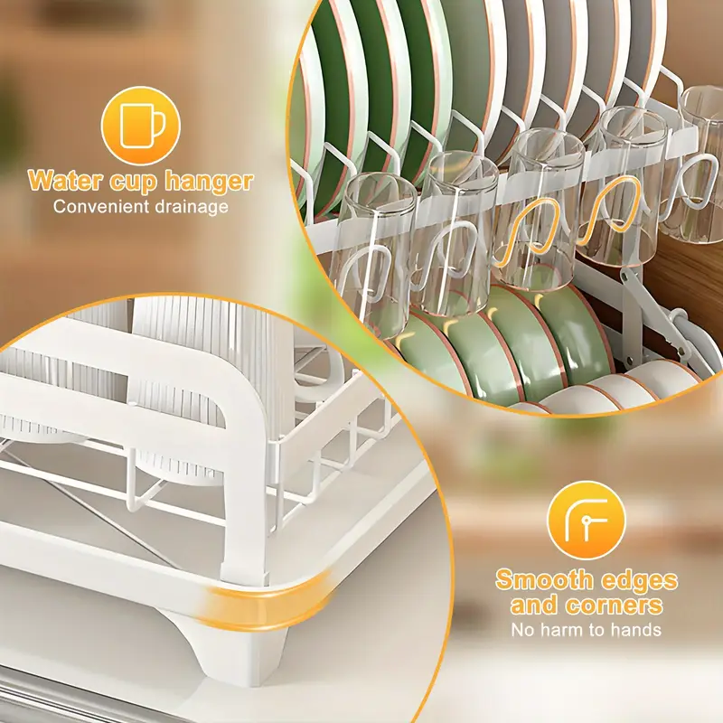 1pc large 2 tier carbon steel dish drying rack with glass utensil holders and extra drying mat rust resistant metal dish drainer for kitchen countertop black Product details 3