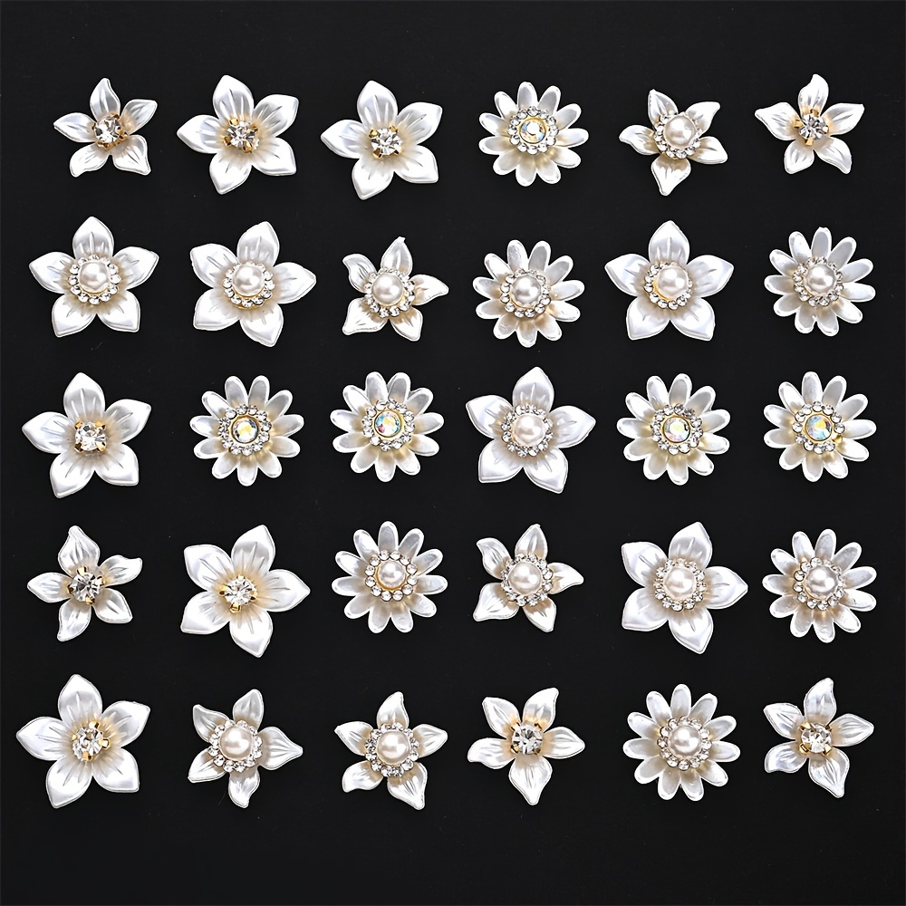 

30pcs Perles de fleurs blanches, Perles de fleurs en strass à dos plat, Pour la fabrication d'épingles à cheveux, de broches et d'accessoires vestimentaires