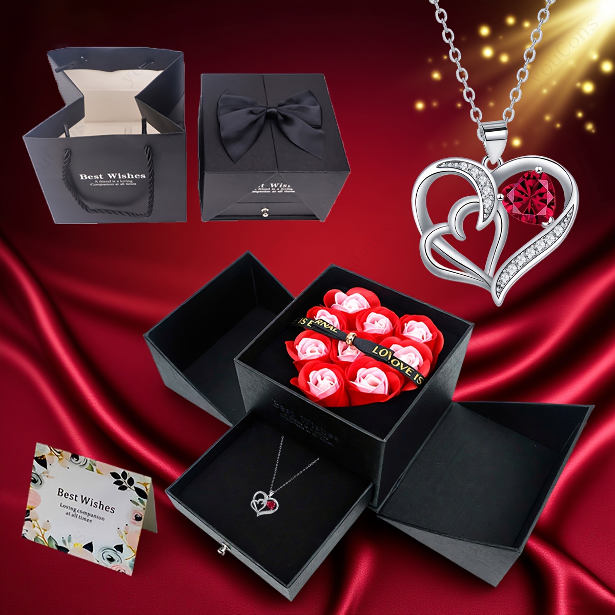 Red Synthetic Zirconia Double Heart Pendant Necklace Gift Set