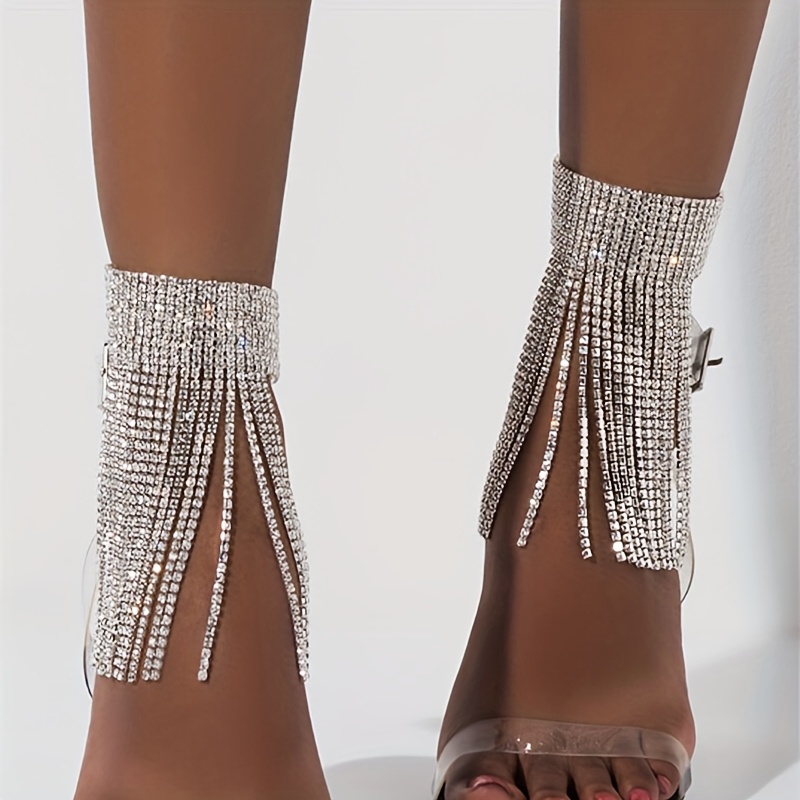 Luxurious Multi-layered Rhinestone Tassel Anklet, Elegant Foot Jewelry