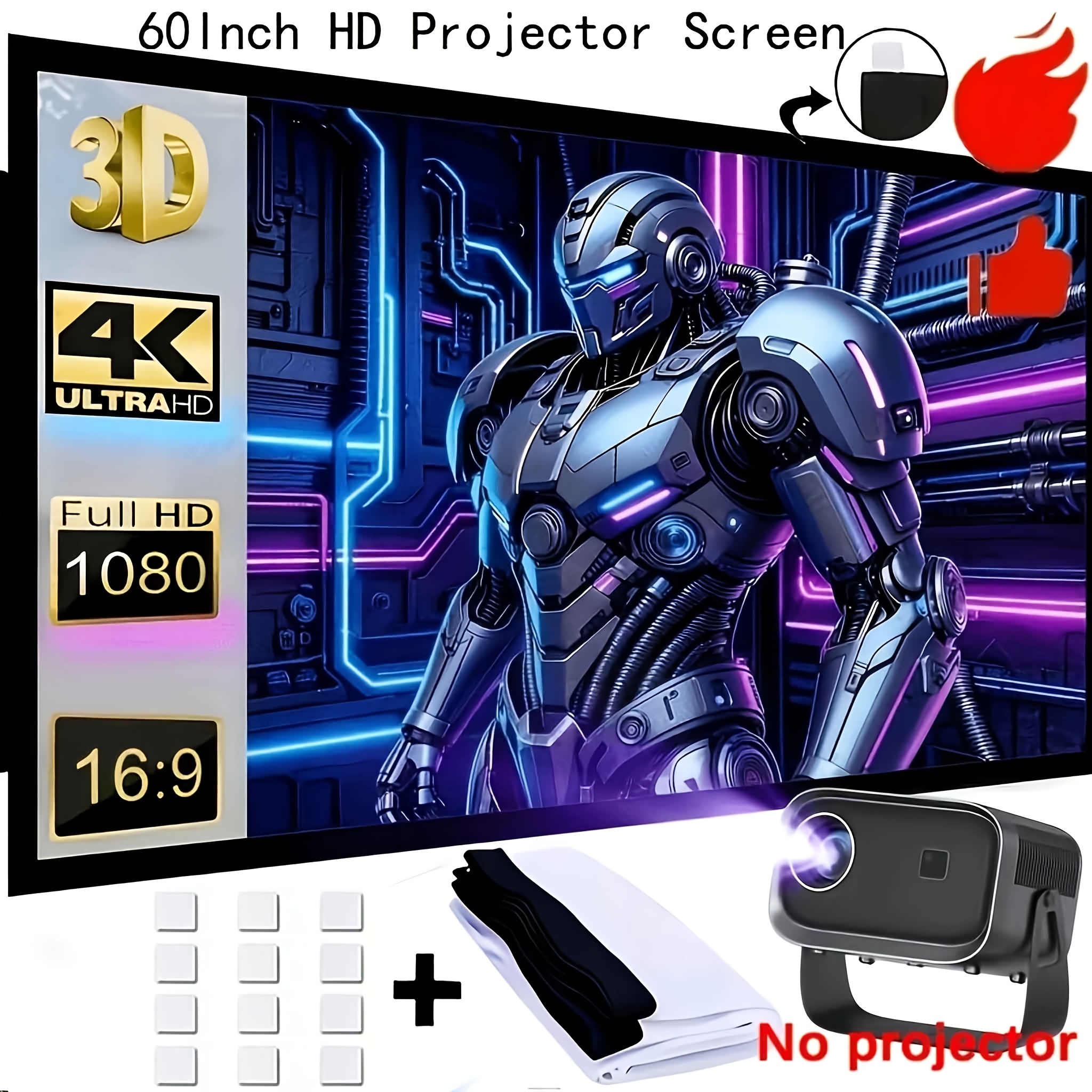 TEMU Pantalla portátil de 60 pulgadas compatible con cine en casa, pantalla de proyección para exteriores con proyección 4K HD de cara, panel