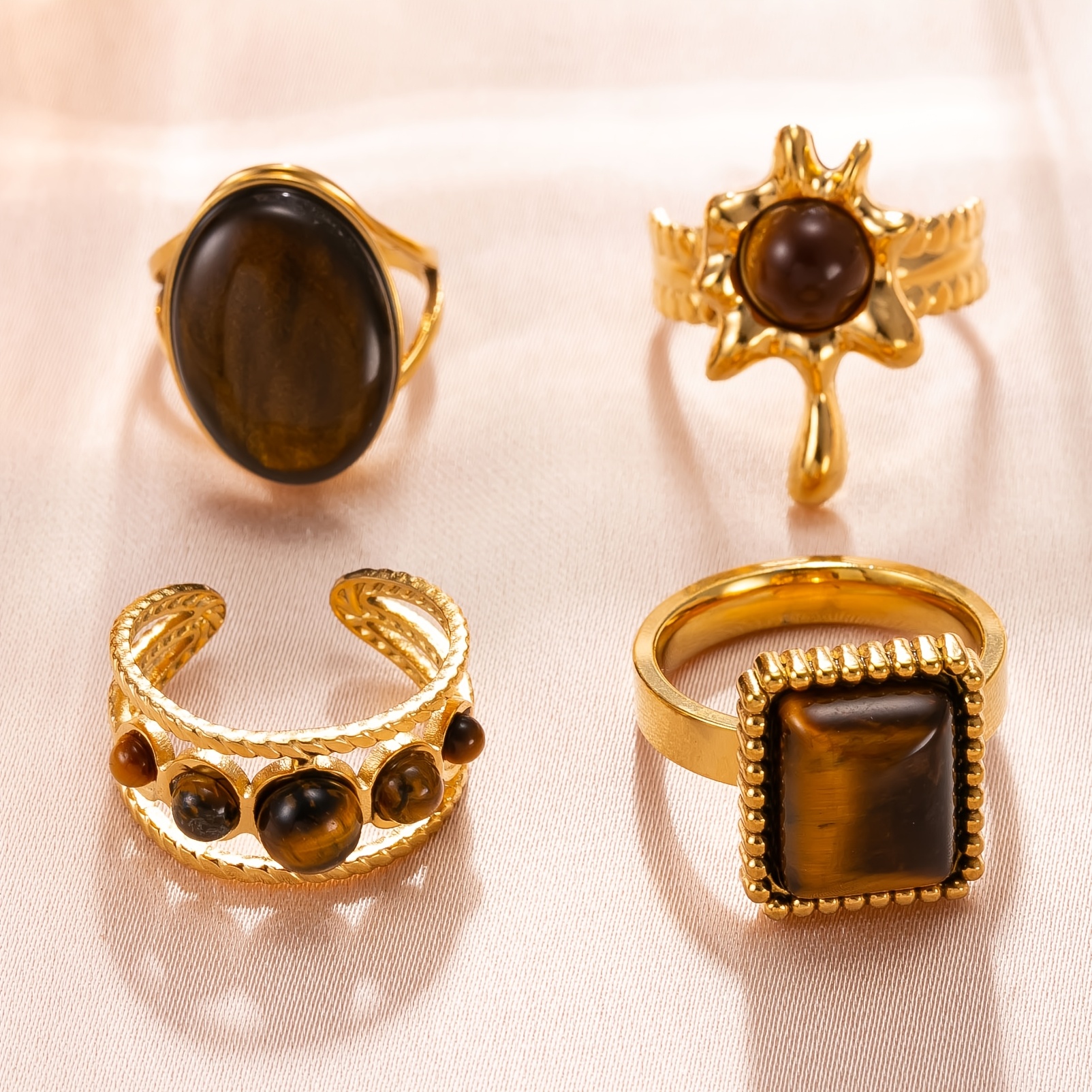 TEMU 4pcs Fashionable Stainless Steel Ring Set, Simple Golden Geometric Inlaid Eye Stone Ring, Suitable For Everyday Styles, For Various Holidays,