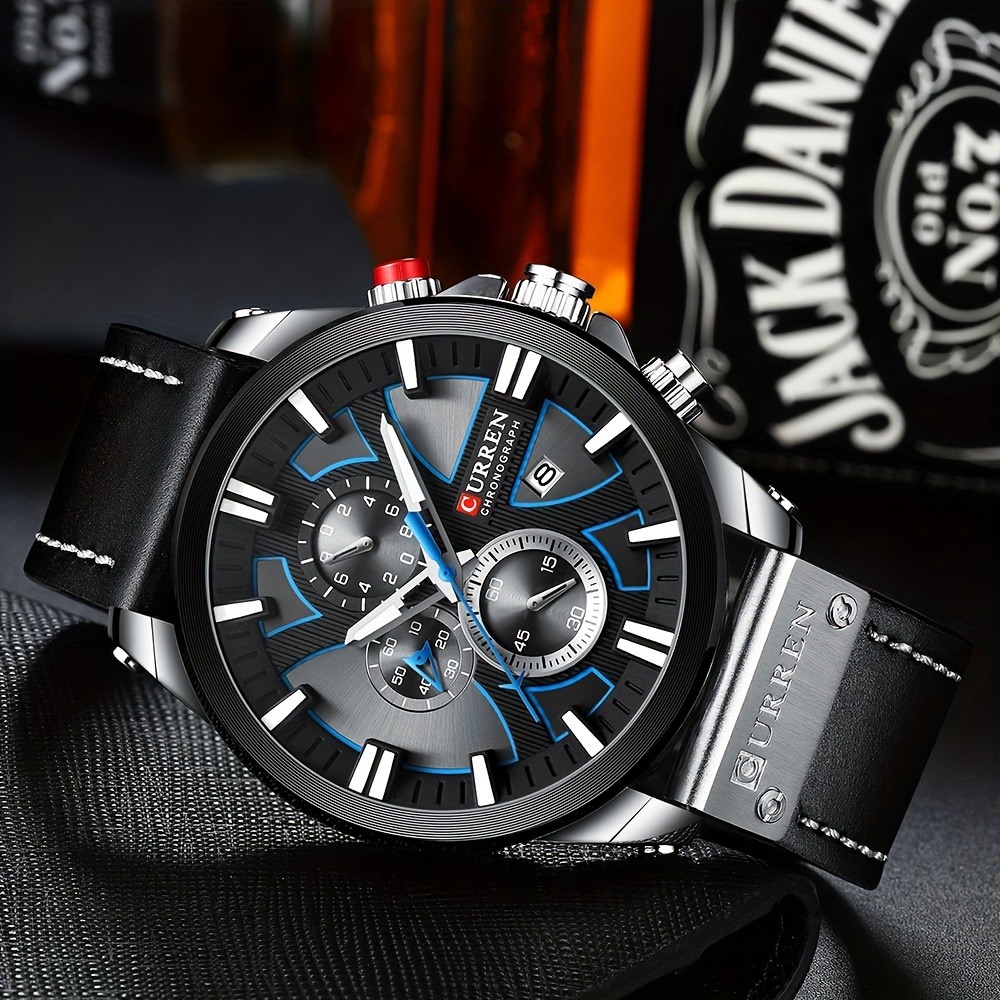  multi functional luminous quartz mens watch large dial chronograph calendar analog pu leather wrist watch date watch details 7