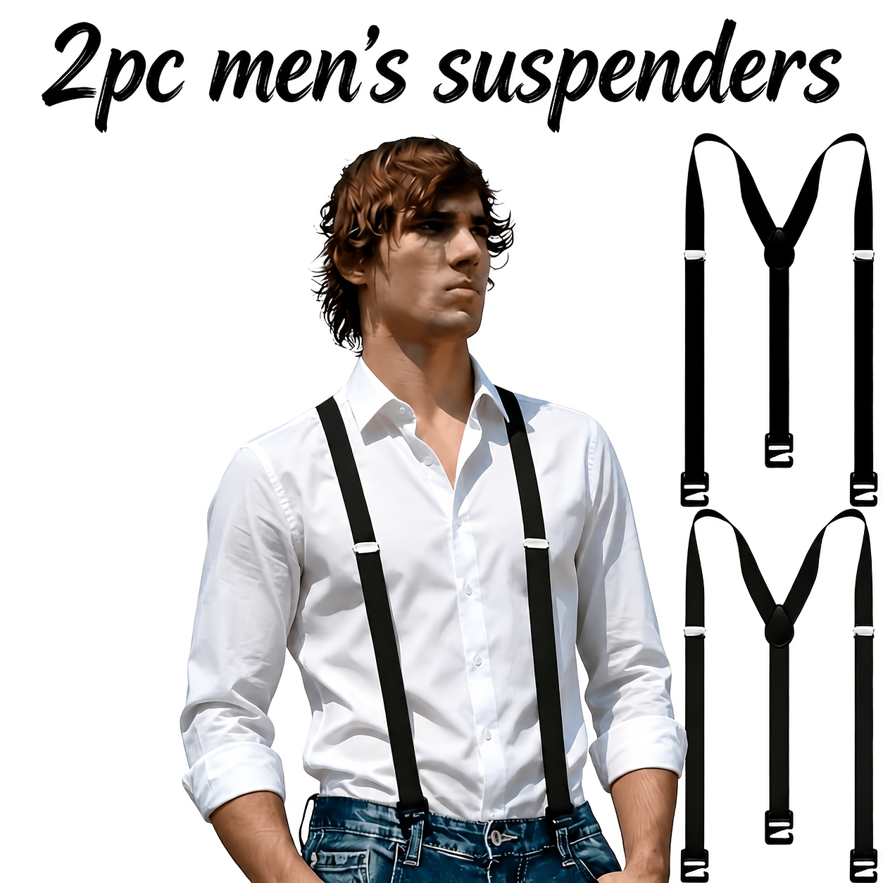 TEMU 2pcs Set Of Men's Black Suspenders, Adjustable Elastic Straps With Plastic Buckles, Suitable For Daily Wear And Outdoor Activities, Outdoor
