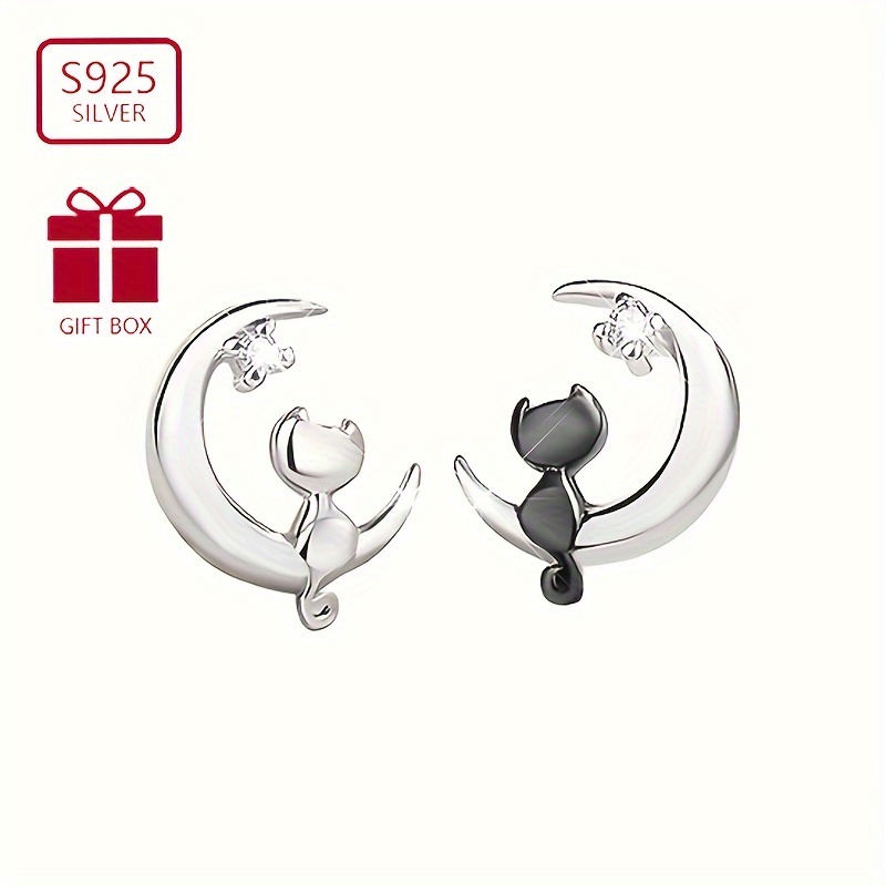 

Sterling 925 Silver Hypoallergenic Ear Jewelry Exquisite Moon Cat Design Stud Earrings Cute Simple Style Adorable Female Gift