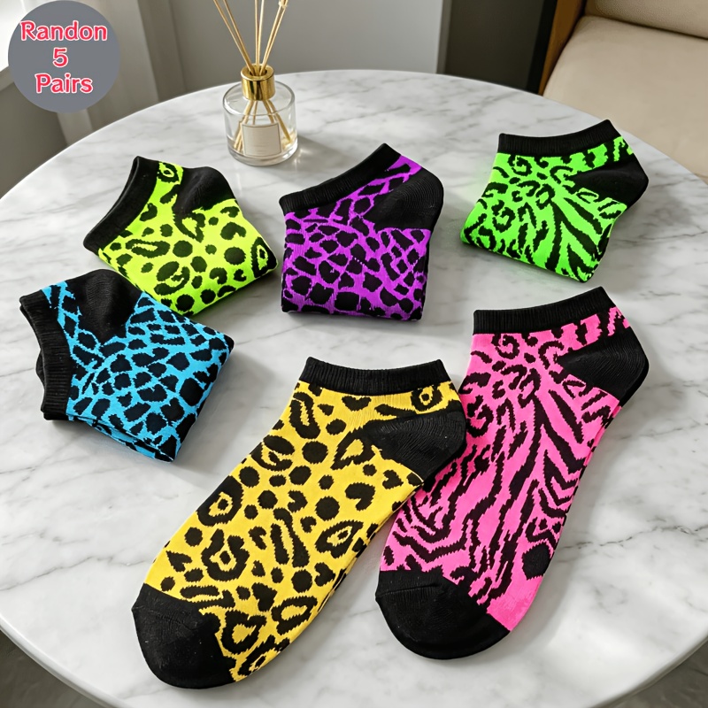 TEMU Spring Summer Random 5 Pairs Leopard Cartoon Striped Individual Fashion Trendy Couple Short Socks