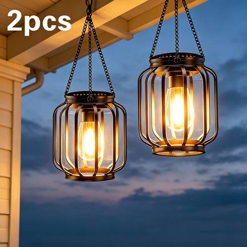 2 Pack Solar Powered Outdoor Hanging Chandelier, IP44 Simple European Style Hanging Lantern, Built-in Solar Panel Vintage Metal Outdoor Lighting, Fit Tabletop Display Tree Branch Porch Hanging, Decorative for Garden Patio, Great Gift