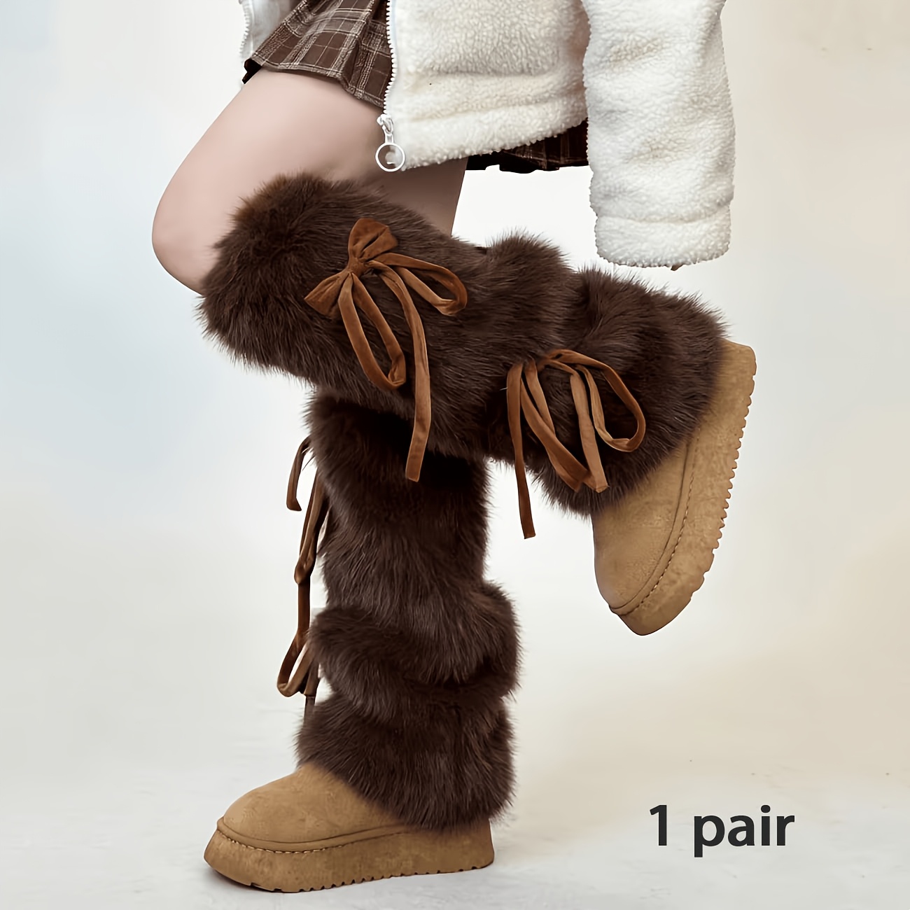 TEMU 1 Pair Autumn Winter Warm Soft Comfortable Y2k Bow Tie Lace Plush Leg Warmers, Coffee, Khaki, White Available (slight Shedding With Fluff)