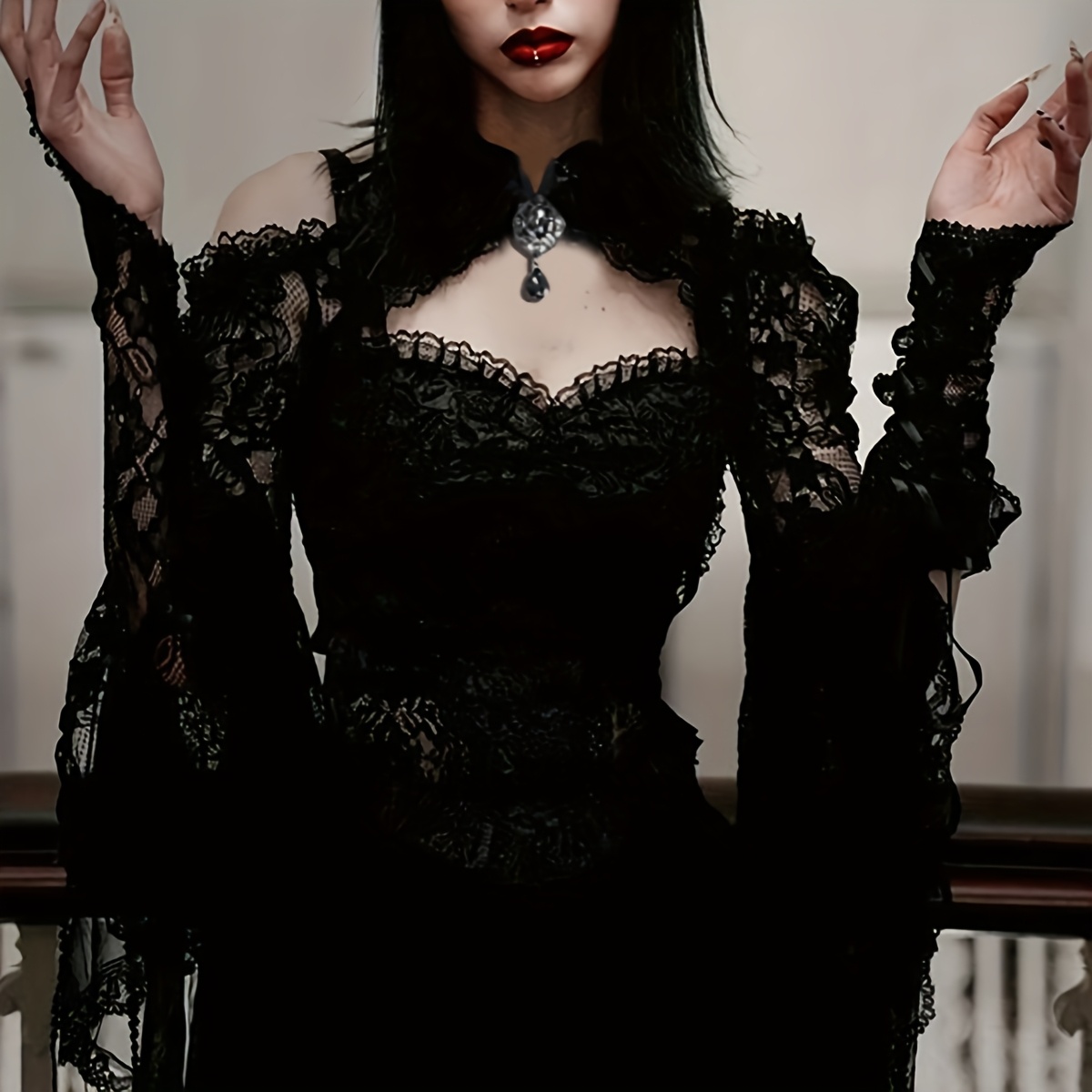 CHILIRIA Gothic korset top met kant bolero shrug Y2K mesh punk crop top Halloween vampier cosplay jurk cover-ups zwart, zwart, M