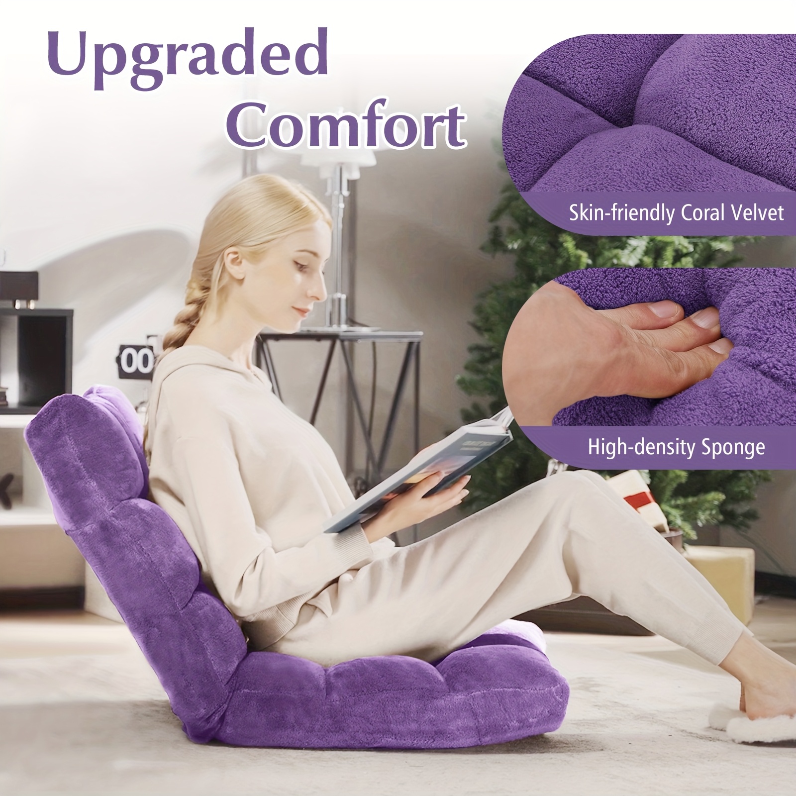 Foldable Bean Bag Bed, Adjustable Recliner, Comfortable Coral Fleece , Padded Meditation Chair, Dimensions: 105×57×15 Cm, Purple