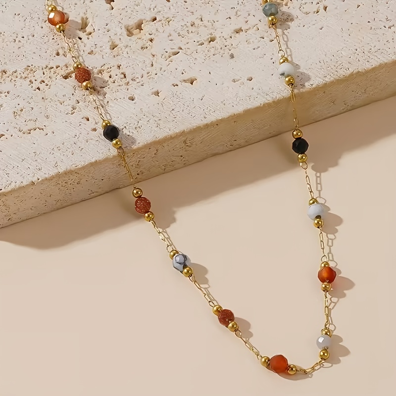 TEMU Elegante collana con e perline multi-pietra - Collana facile da indossare per l'uso , stile boh矇mien da , perline naturale colori misti casuali,