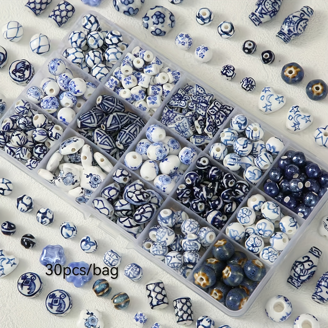 E-shop 30 Stück pro Beutel, Mischpackung mit 15 Arten von Perlen, im Stil von kreativen blau-weißen Porzellan-Keramikperlen, Perlen im traditionellen