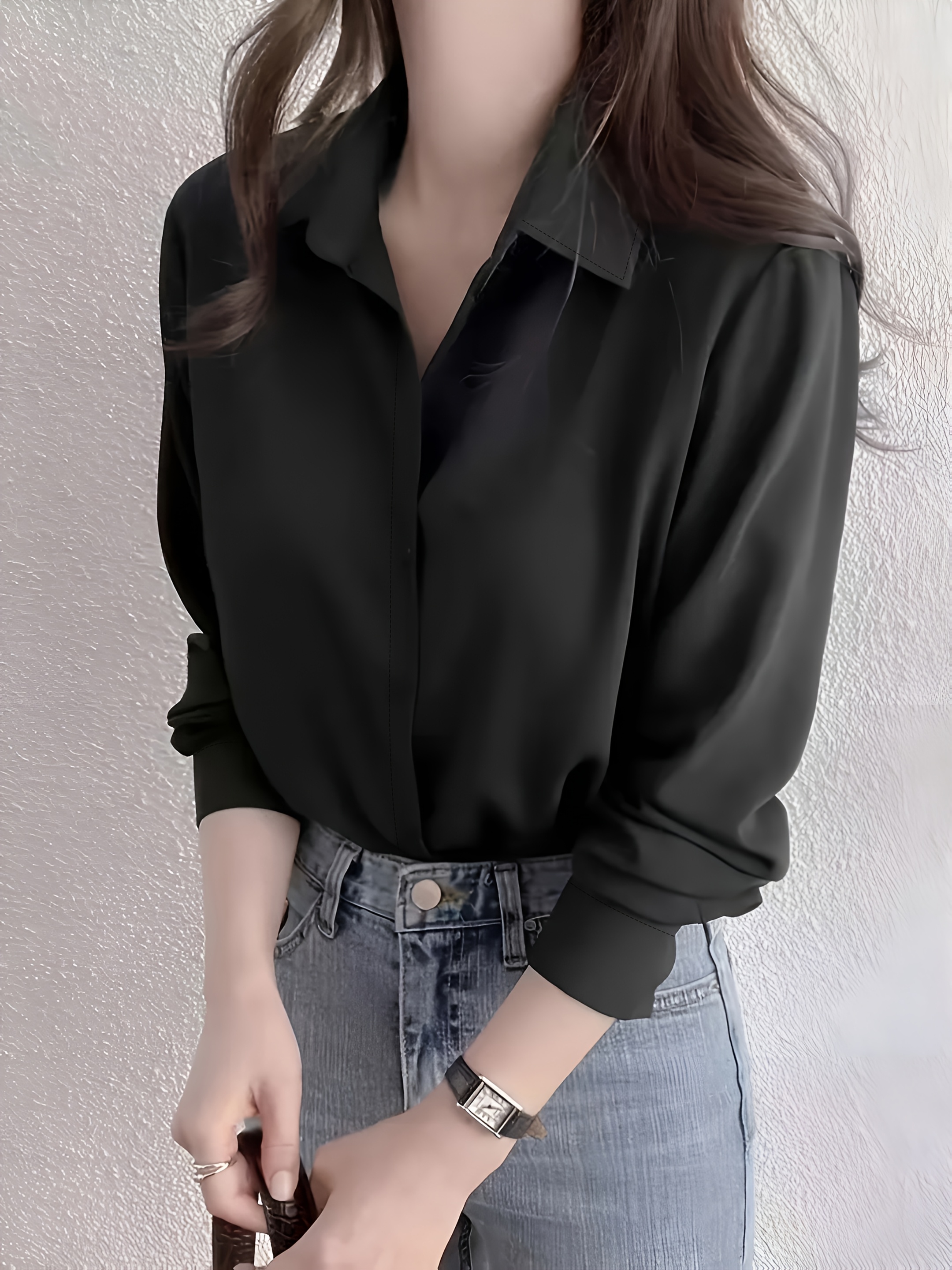 Women's Elegant Long Sleeve Button-Up Shirt Classic Pointed Collar  Semi-Sheer Blouse, Solid Black Office Casual Top for Spring Summer Fall