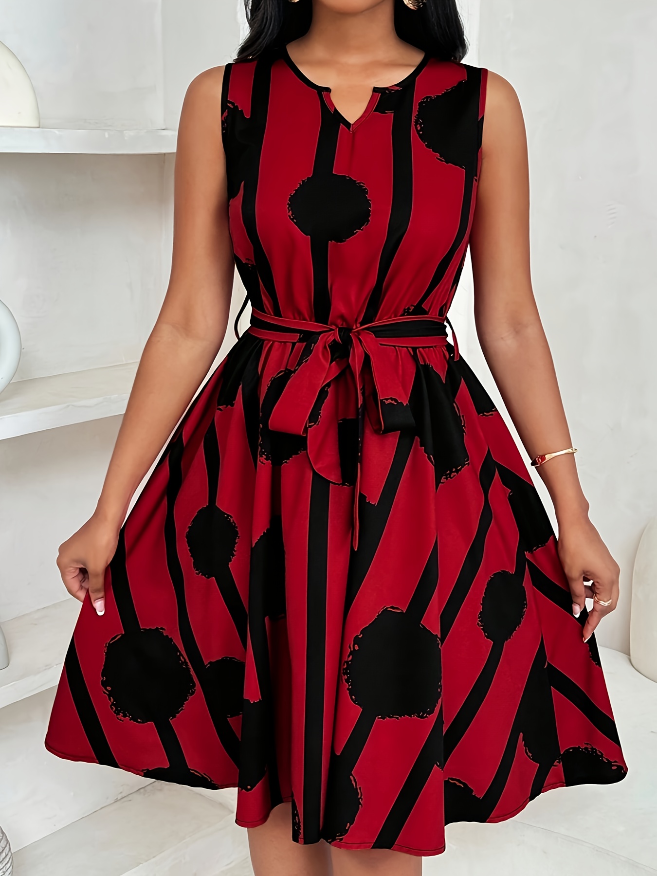 Elegant Red Floral Print Sleeveless Dress with Tie Waist - Notched Collar, A-Line Silhouette, Ruched Detail, Perfect for Summer, Adult Women'S Fashion, Casual Attire|Floral Print Dress|Polyester Fabric