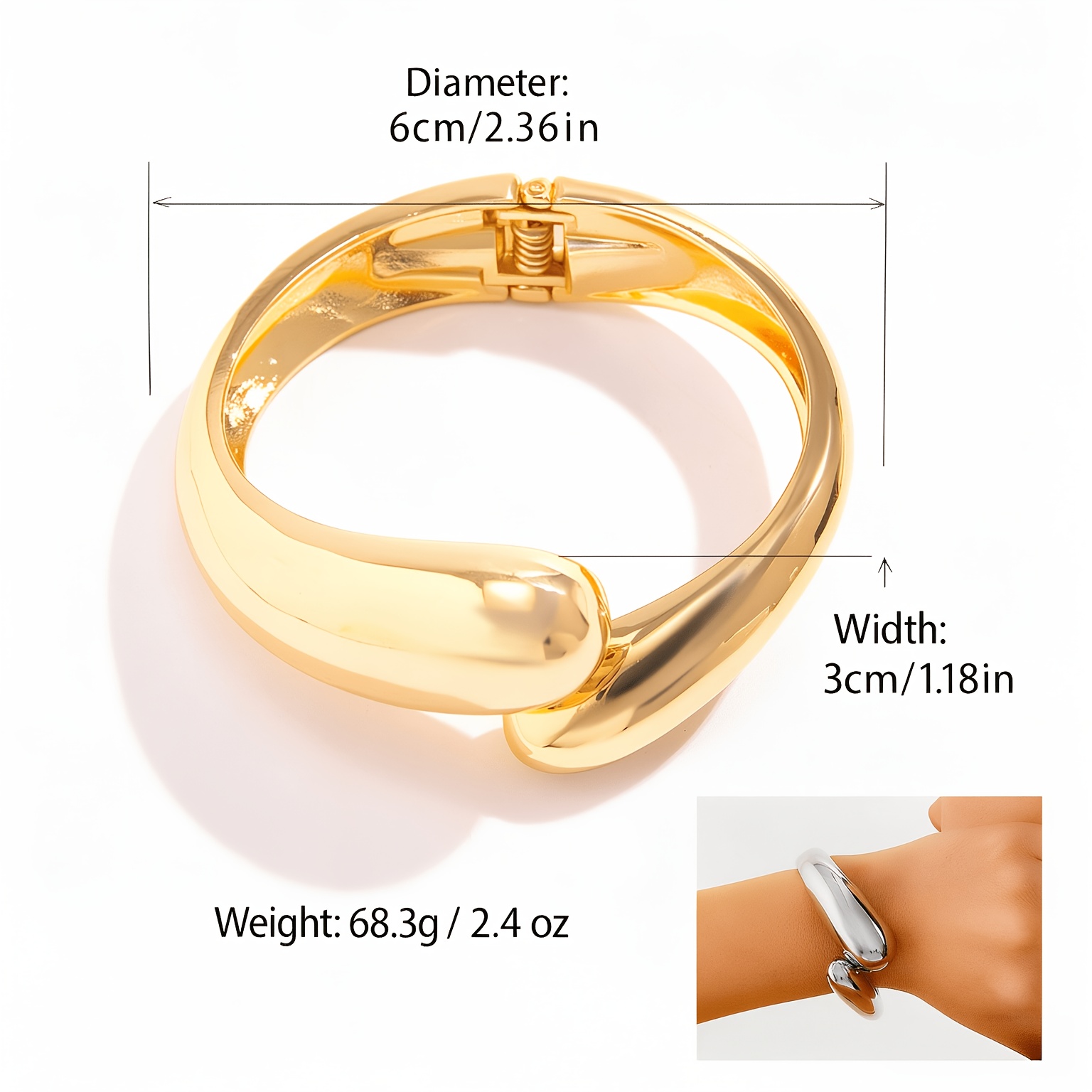 Smooth Glossy Open Cuff Bracelet for Women, Golden Tone