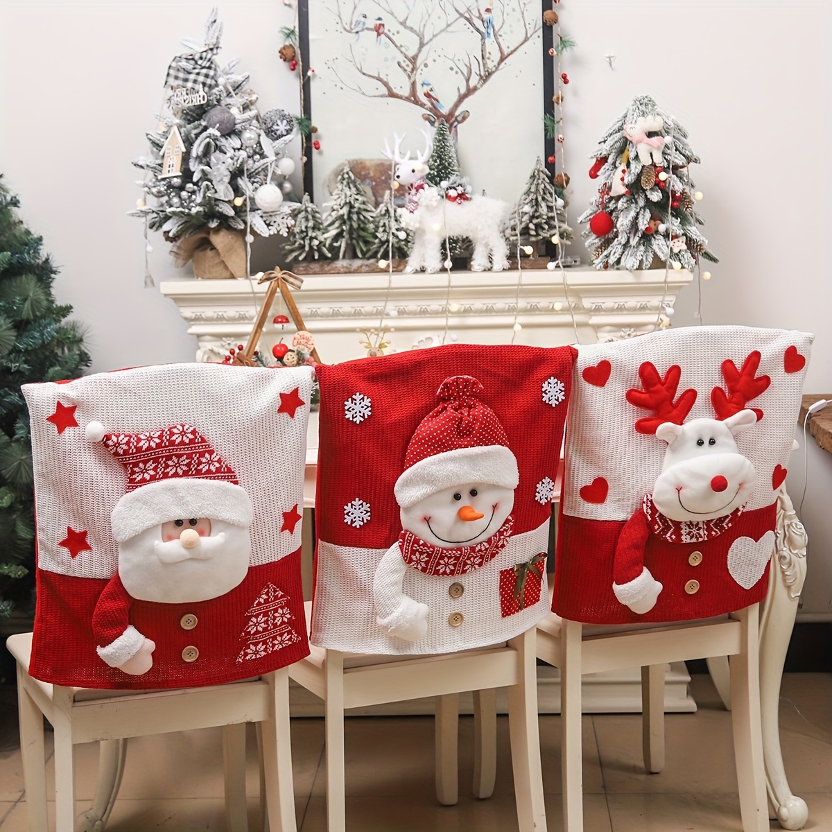 

3pcs Christmas Chair Covers Holiday Decorations – Santa & Reindeer Chair Back Slipcovers For Festive Dining Room Decor, No-feather Fabric Material, Electricity-free Use – Seasonal Party Accessories