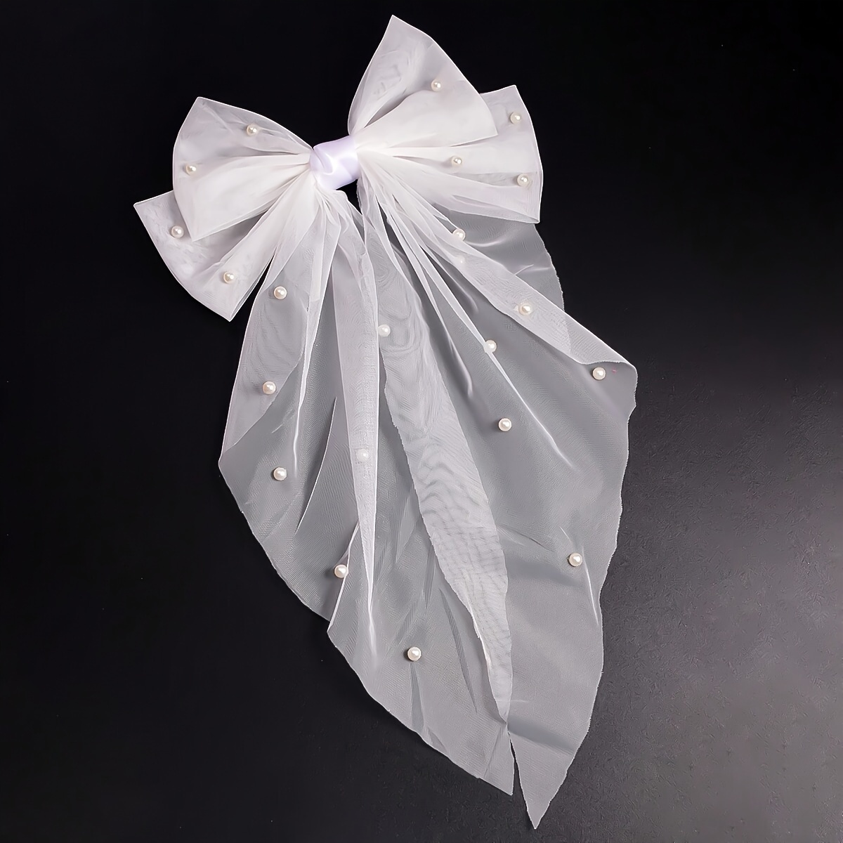 Image of 1pc Of Gauze Nail Pearl Bow Knot Triangle Scarf Streamer Long Duckbill Clip Hairpin Fashion Popular Versatile Daily Wear Hair Additions