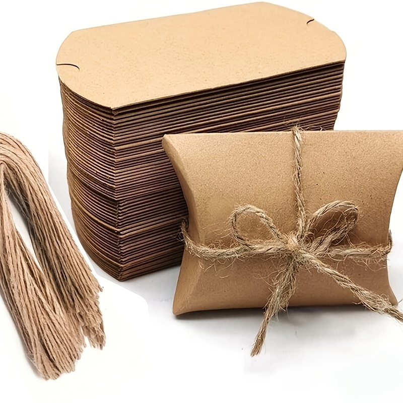 50pcs Rustic   Paper Pillow Mini Candy Boxes with Natural   -   Brown Gift Packaging for Wedding Favors, Party Gifts, and Bridal Showers - Decorative Rope Ties Included, Party Favor Boxes|Rustic Charm|Natural  , Candy Boxes for Gifts, Gift Boxes, Gift Bags, Gift Wrapping Supplies, Gift Bags for Gifts, Gift Packaging, Gift Packaging Supplies