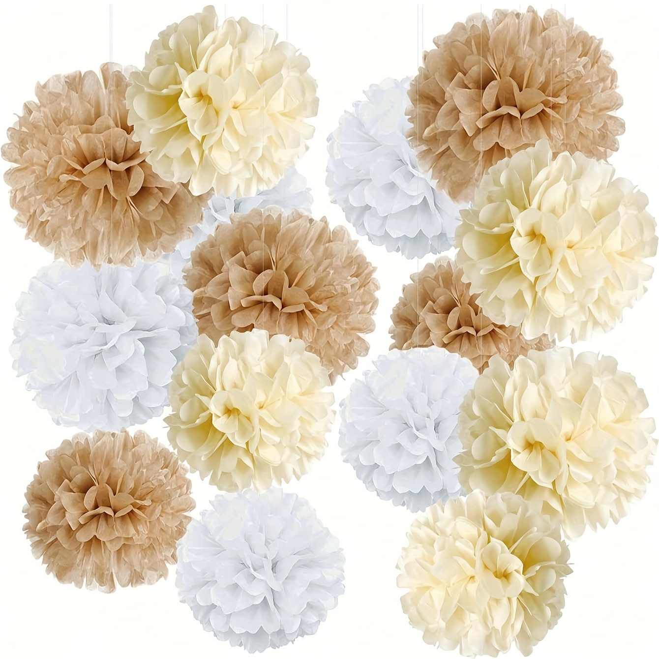 

15pcs Boho Paper Pom Poms Neutral Shades Decor – Champagne & Creamy White Fluffy Tissue Flowers For Wedding, Birthday, Engagement, Bridal – Versatile Party Decorations, No Electricity Required