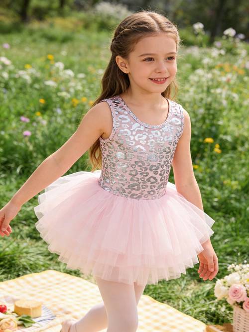 colour splicing silvery leopard print girls sleeveless tutu dress four mesh fashion simple suitable for party school wedding flower girl dress daily outing friendly dresses