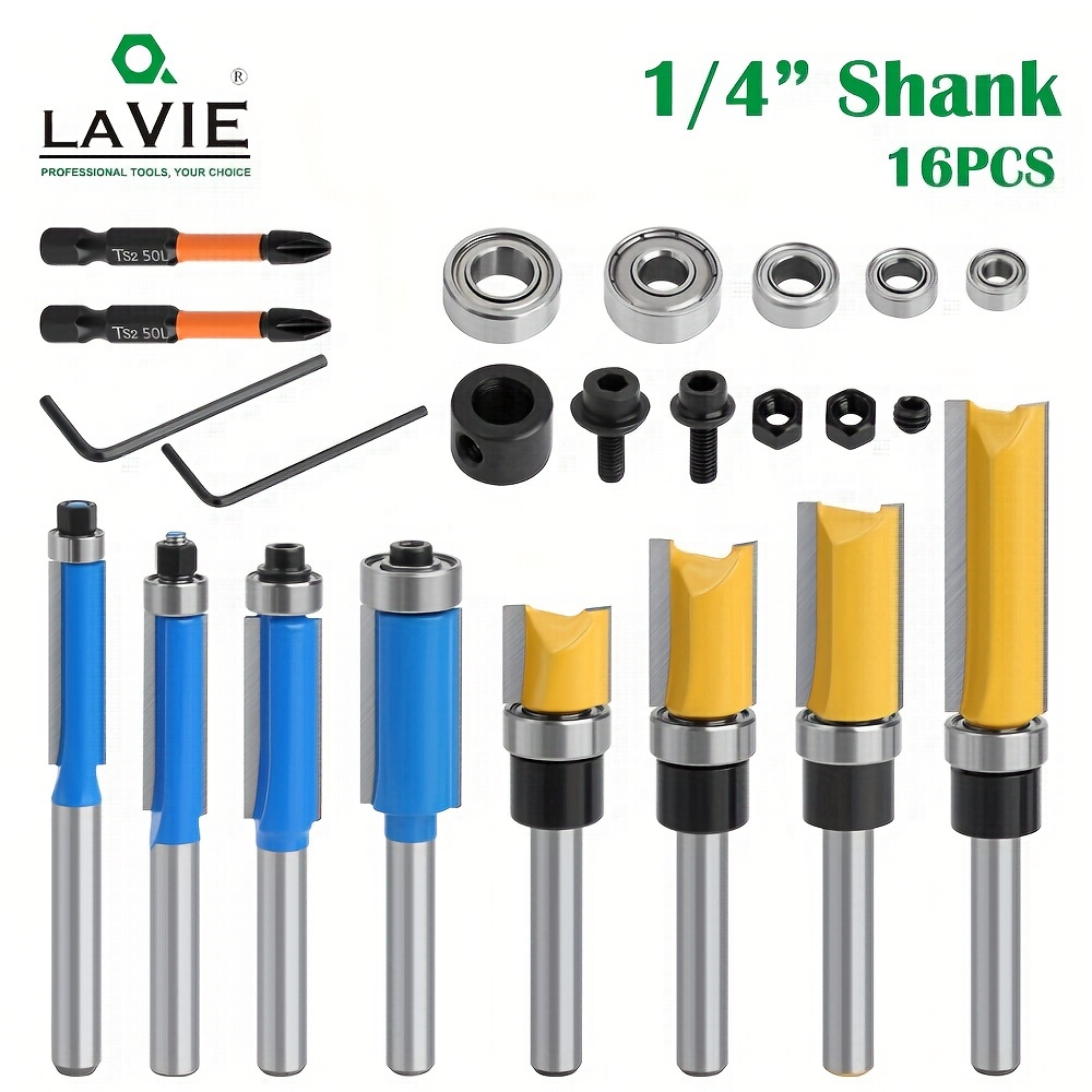 

16pcs Flush Trim Router Bit Set With Bearing, 1/4" Shank - Ideal For Woodworking & Home Improvement