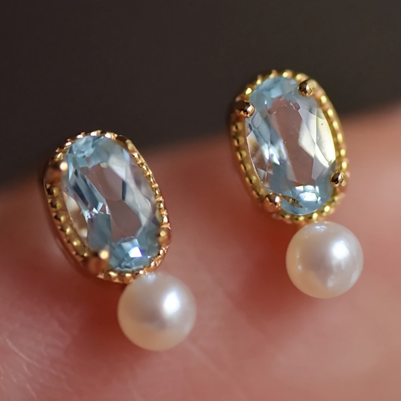 

Exquisite Synthetic Sea Sapphire Stud Earrings With Faux Pearl For Women Wedding Banquet Daily Casual Wear Accessories