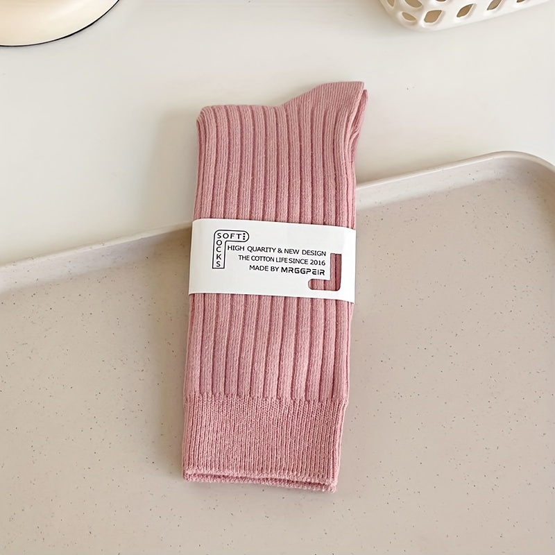 1 Pair Of Women's Mid-calf Slouch Socks For Autumn/winter, Solid Color Socks With Colored Vertical Stripes, Suitable For Spring, Autumn, And