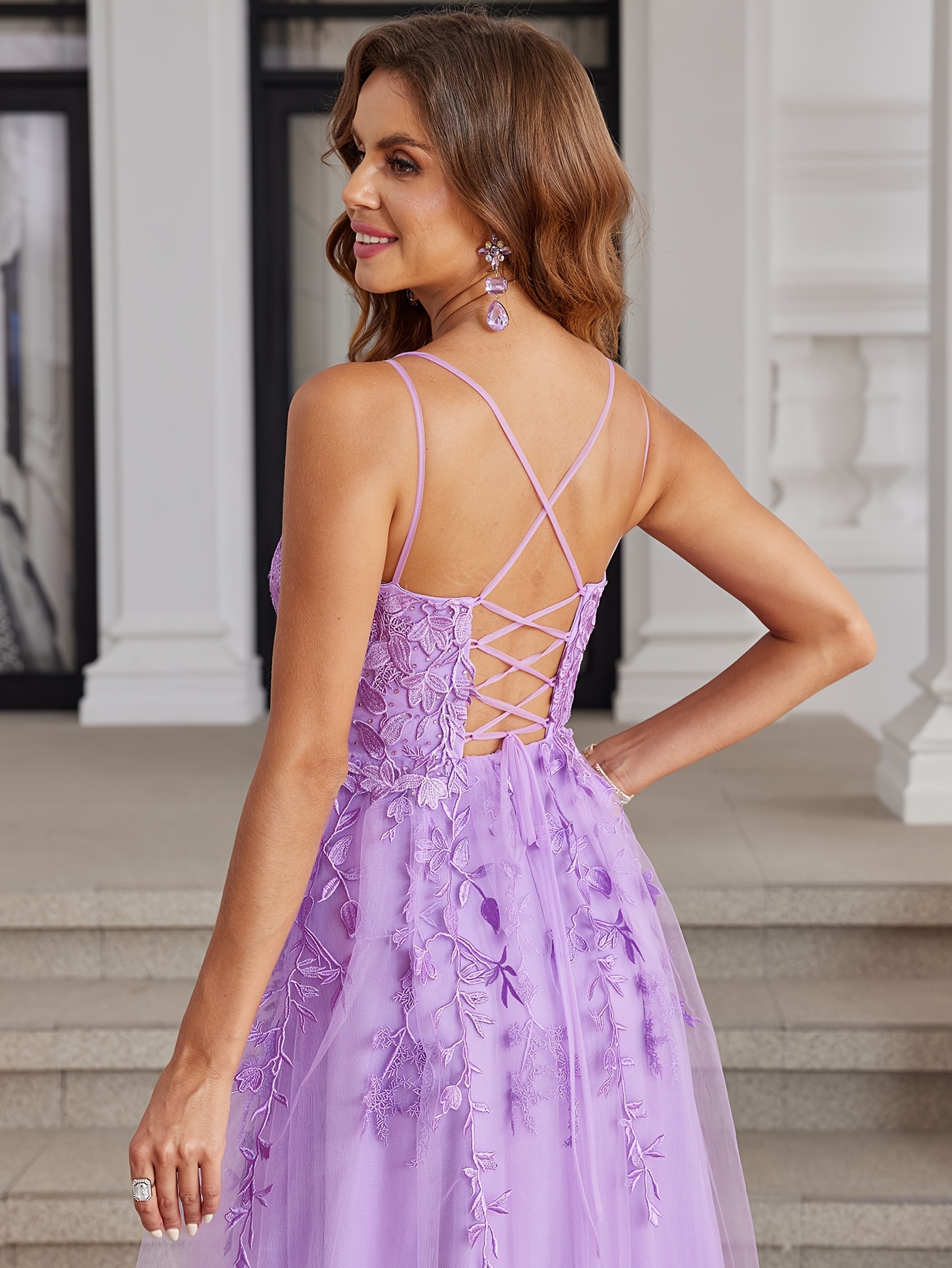 luxury lace prom dresses long crystal cross back a line - Temu